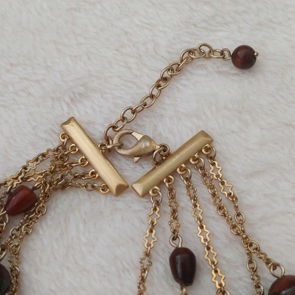 SALE: Gold-Colored Five Chain Necklace with Small Dark Brown Beads - Picture 6 of 10